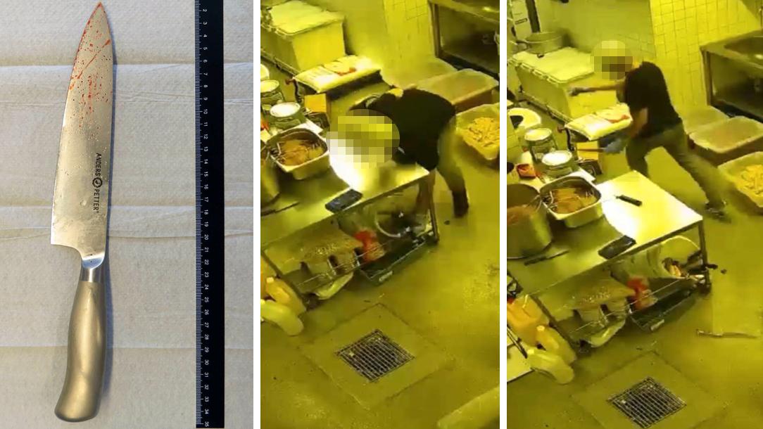 Det började med ett bråk i köket och slutade med att kocken sträckte sig efter en kökskniv och attackerade sin kvinnliga kollega som försökte fly från honom ut på restaurangen. Polisens förundersökning innehåller bilder från övervakningskameran som visar förloppet. 