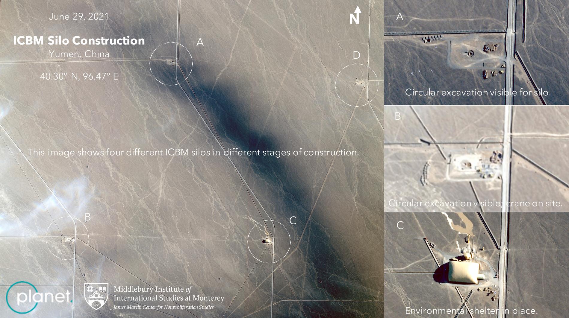 Satellitbilder över Hami i västra Kina. Enligt analytiker visar de konstruktioner av kärnvapensilos.