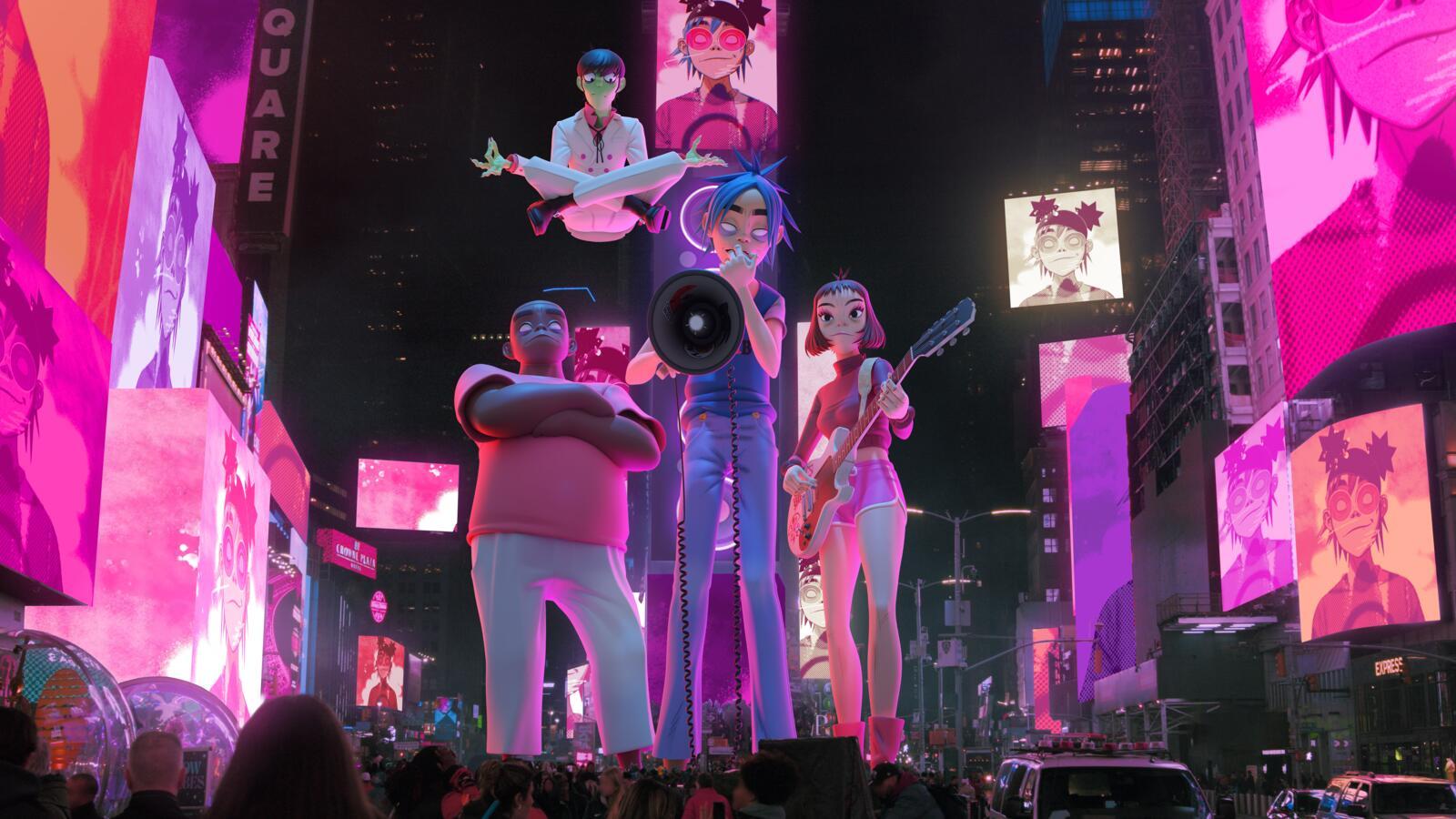 Den fiktiva popgruppen Gorillaz på Times Square i New York. 