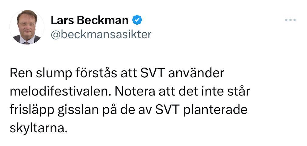 Riksdagsledamoten Lars Beckmans inlägg på X.