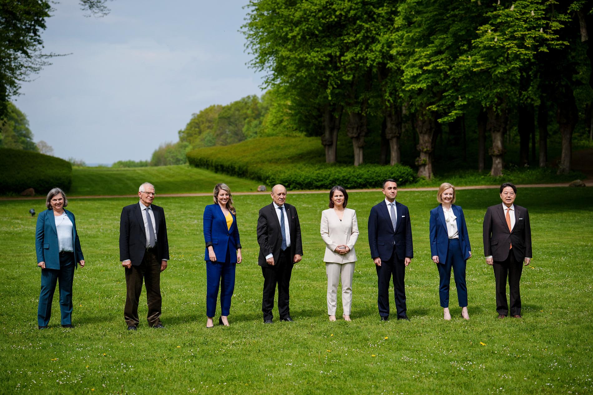 Representanter för G7-länderna, tillsammans med Ukrainas utrikesminister och EU:s utrikeschef, på bild från i fredags.