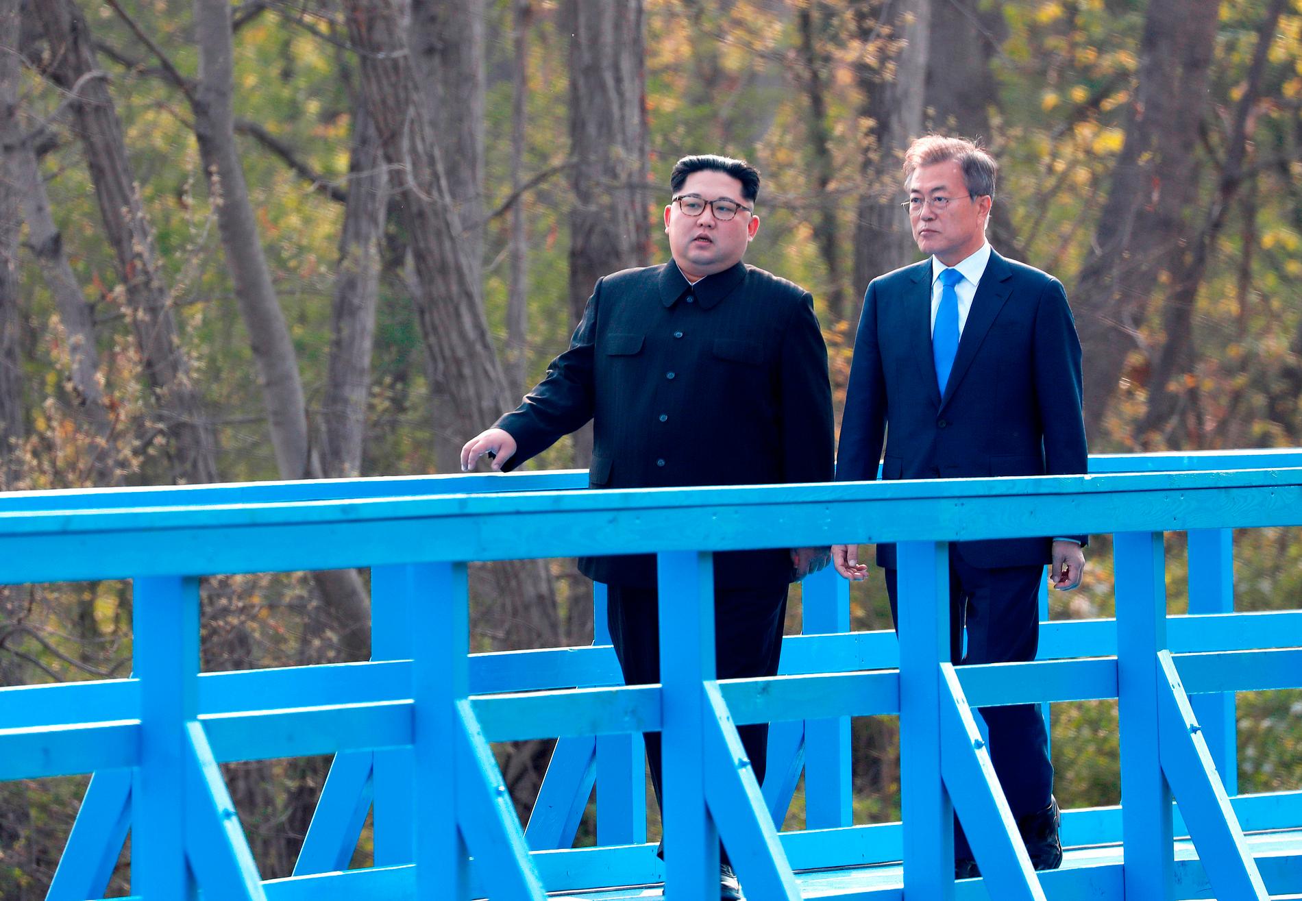 Nordkoreas ledare Kim Jong-Un och Sydkoreas president Moon Jae-In under det historiska mötet mellan ledarna förra veckan.