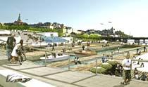 3) Nyréns förslag har en park som i terrasser fortsätter ner till vattnet.