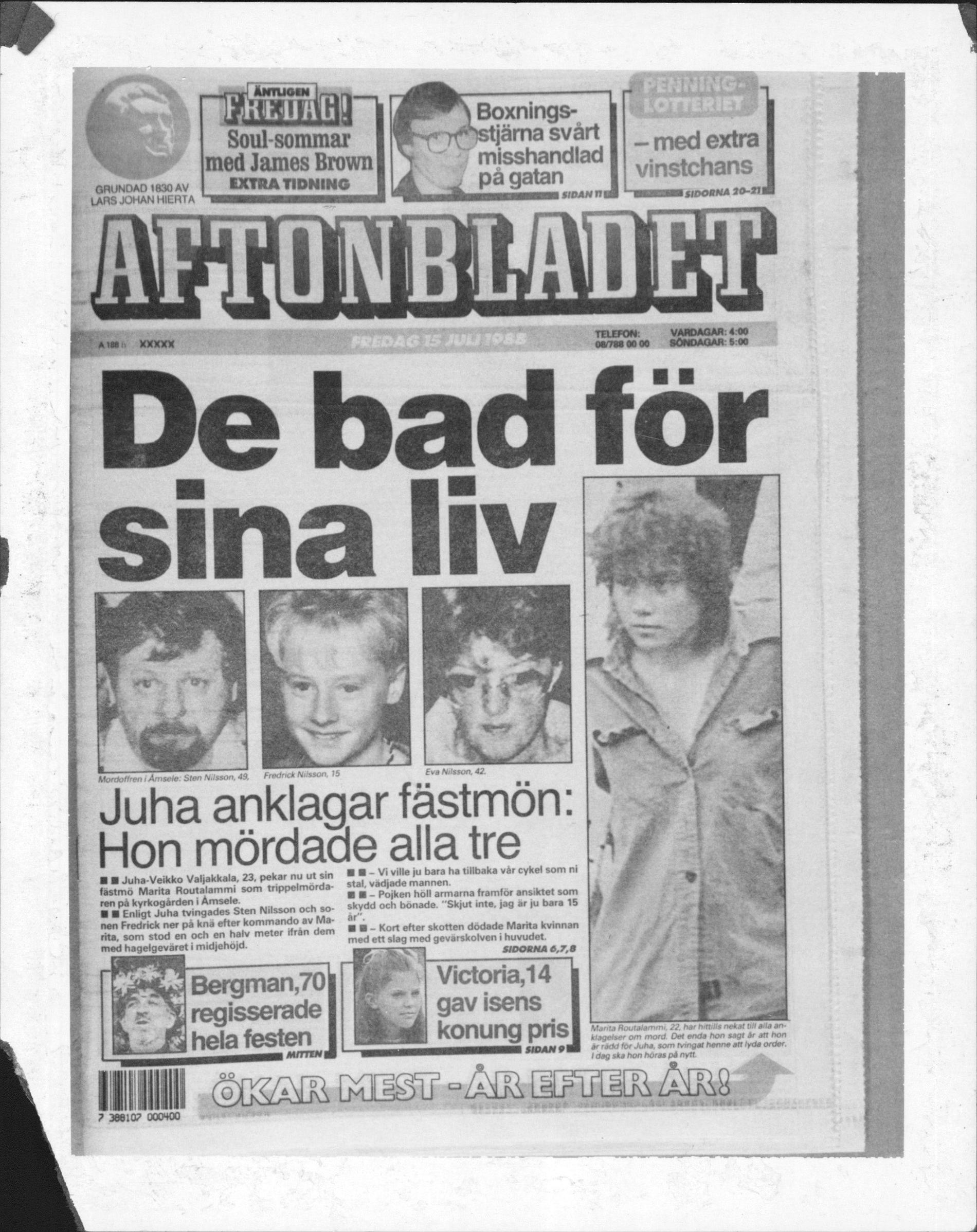 Aftonbladets förstasida 1988-07-15. 