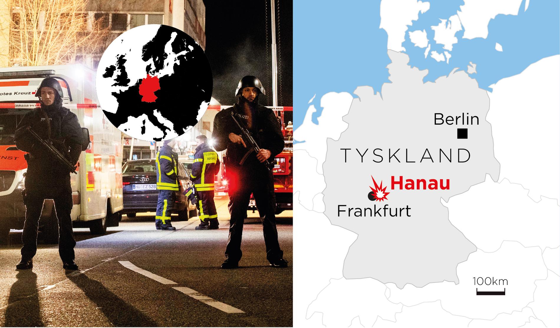 Nio människor har dödats i skottlossningar vid två vattenpipebarer i staden Hanau, öster om Frankfurt.