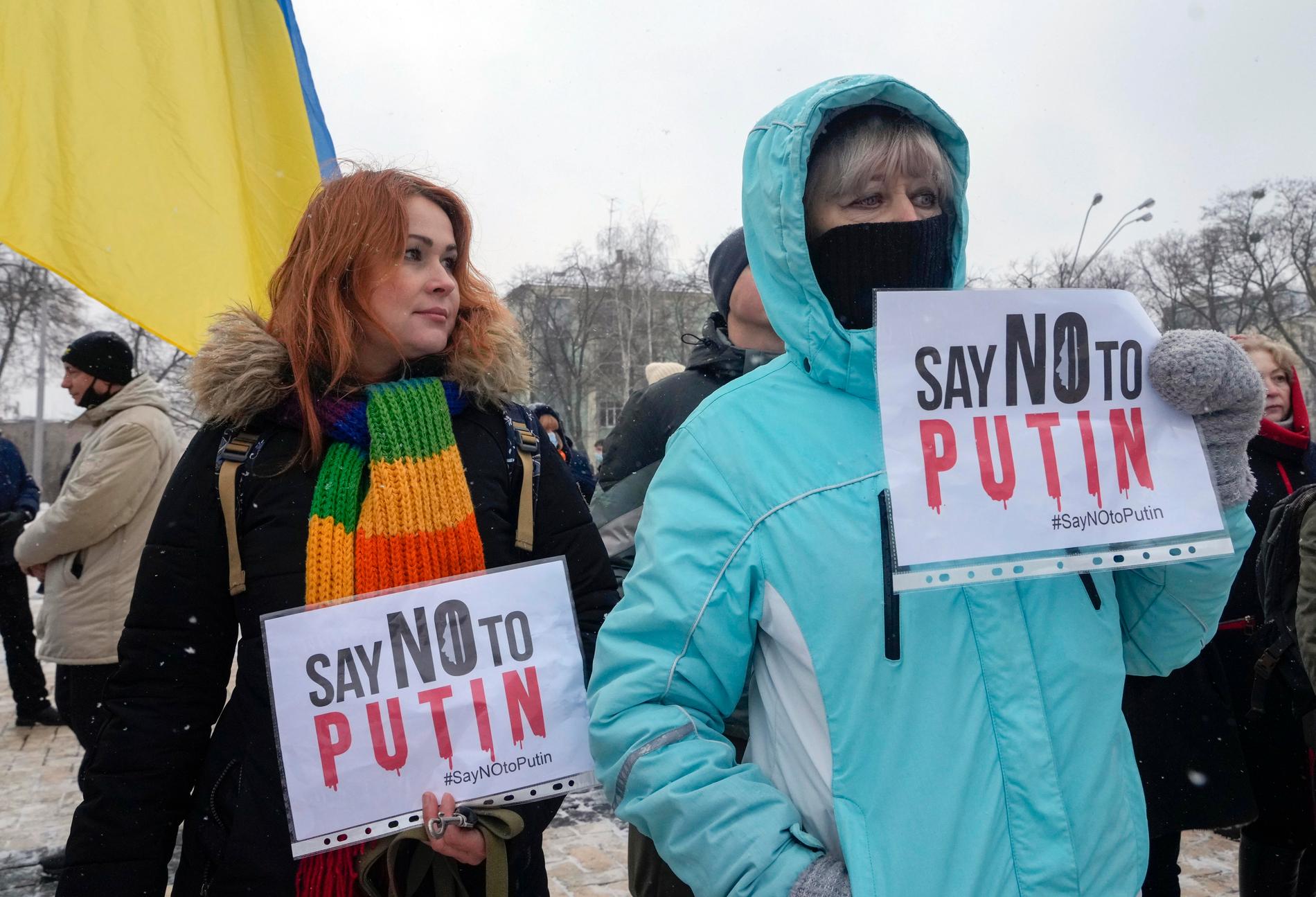 Demonstranter i Ukrainas huvudstad Kiev protesterar mot Rysslands utrikespolitik. 