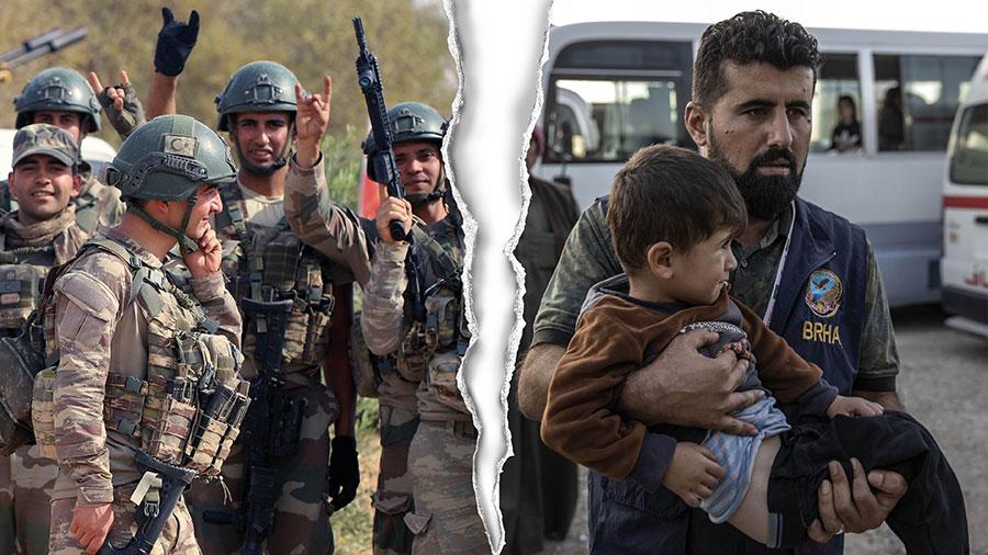 Vår bedömning är att den turkiska militära offensiven i Rojava bryter mot FN-stadgans våldsförbud och strider mot folkrätten, skriver 17 forskare i folkrätt. På bilden turkiska soldater i Syrien och flyktingar från Rojava i Syrien som anländer till ett flyktingläger vid syriska gränsen i Irak.