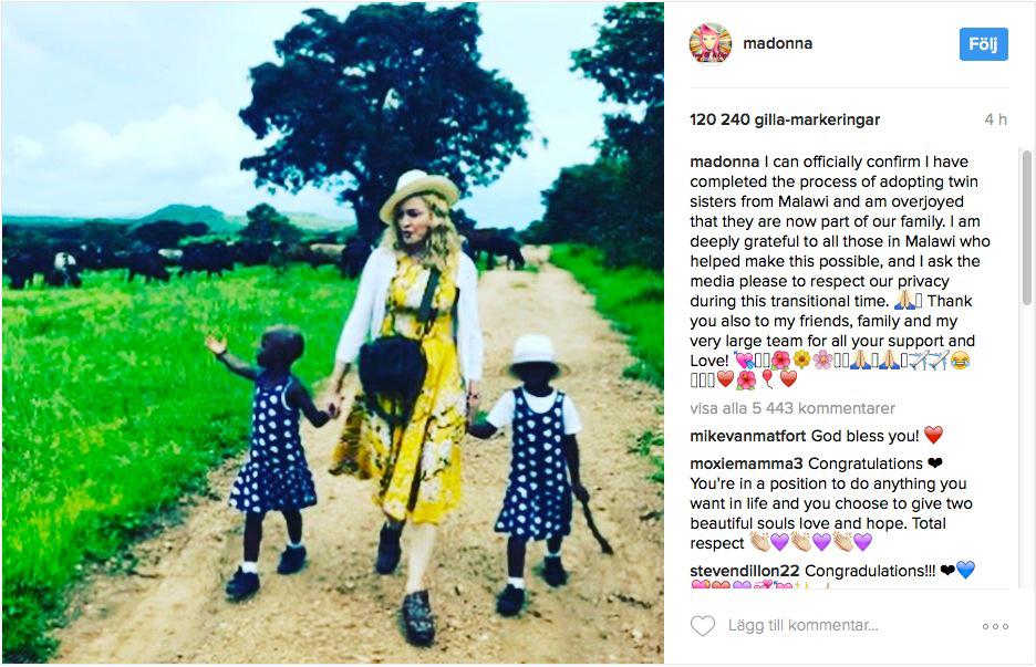 Madonna har tidigare i år adopterat två tvillingar från Malawi.