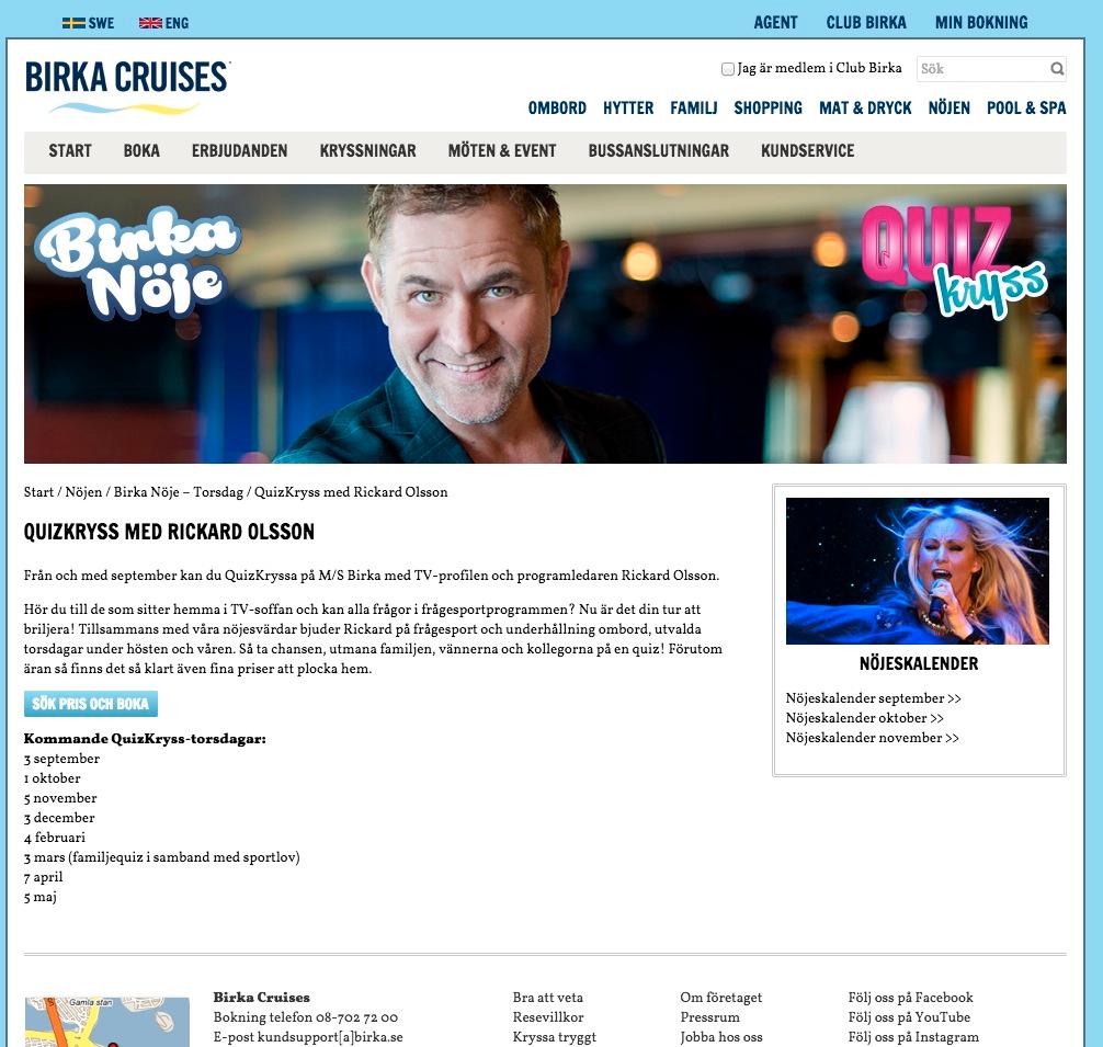 Birka Cruises marknadsför quizkvällarna på sin hemsida.