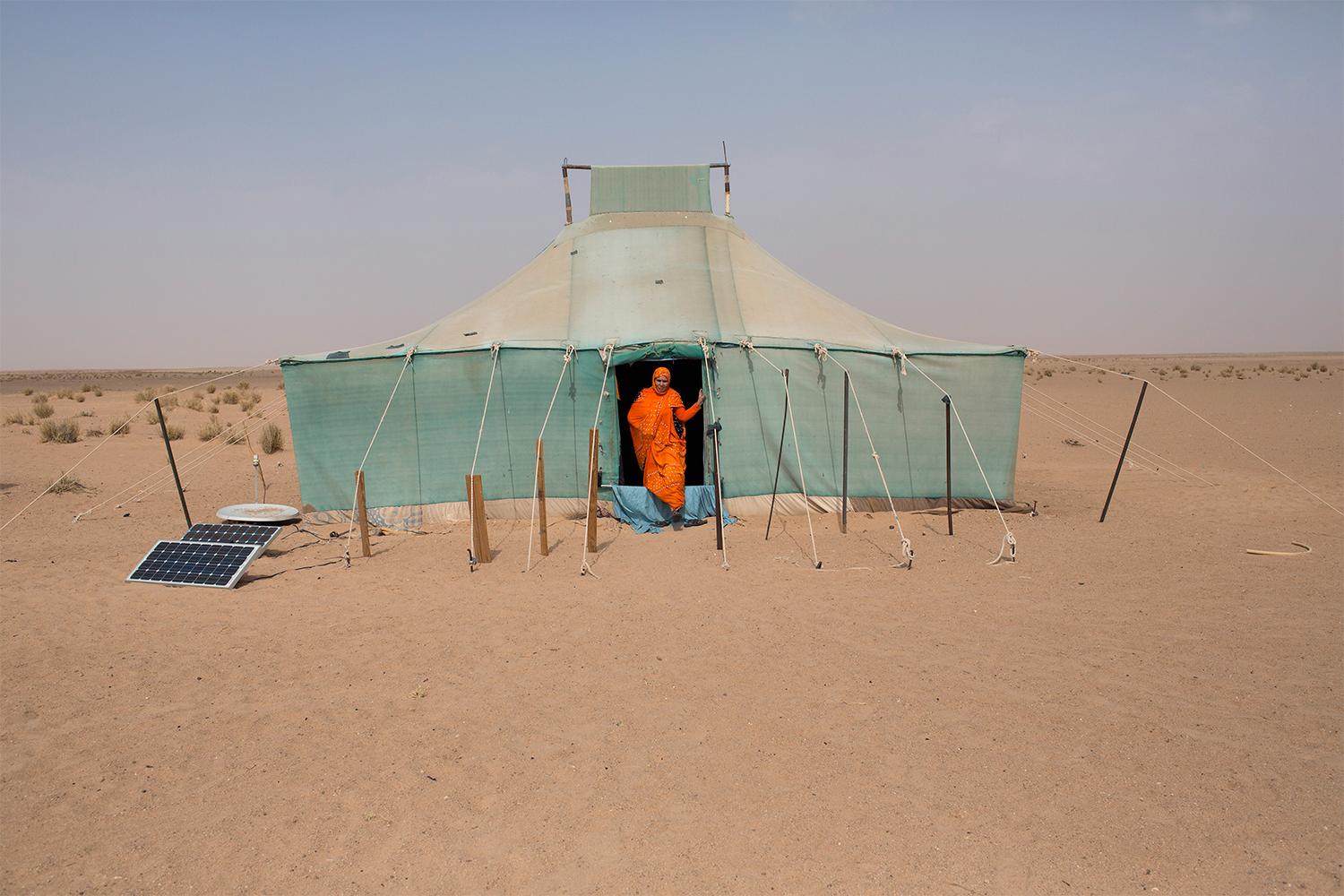 Aum Kalfum, 61, bor med sin familj som nomad nära Mijek, en stad i den befriade delen av Västsahara som kontrolleras av Polisario. ”Oavsett hur hårt livet här är, så lever jag hellre här än i flyktinglägren”. Foto: Johan Persson