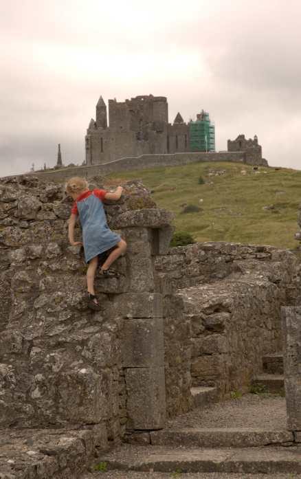 Moa klättrar på ruinerna av klostret Hore Abbey. I bakgrunden syns slottet Rock of Cashel.