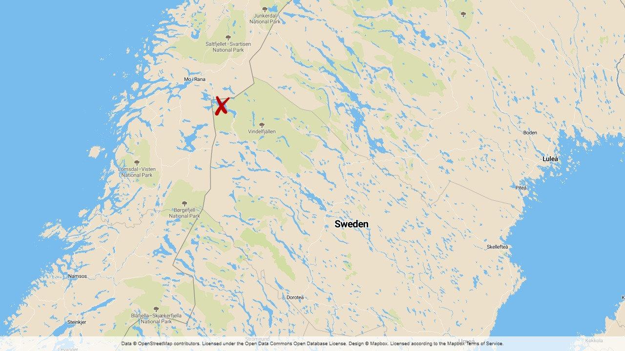Skoterolyckan inträffade i fjällen nära den norska gränsen. Krysset på karten visar endast ungefärlig plats.