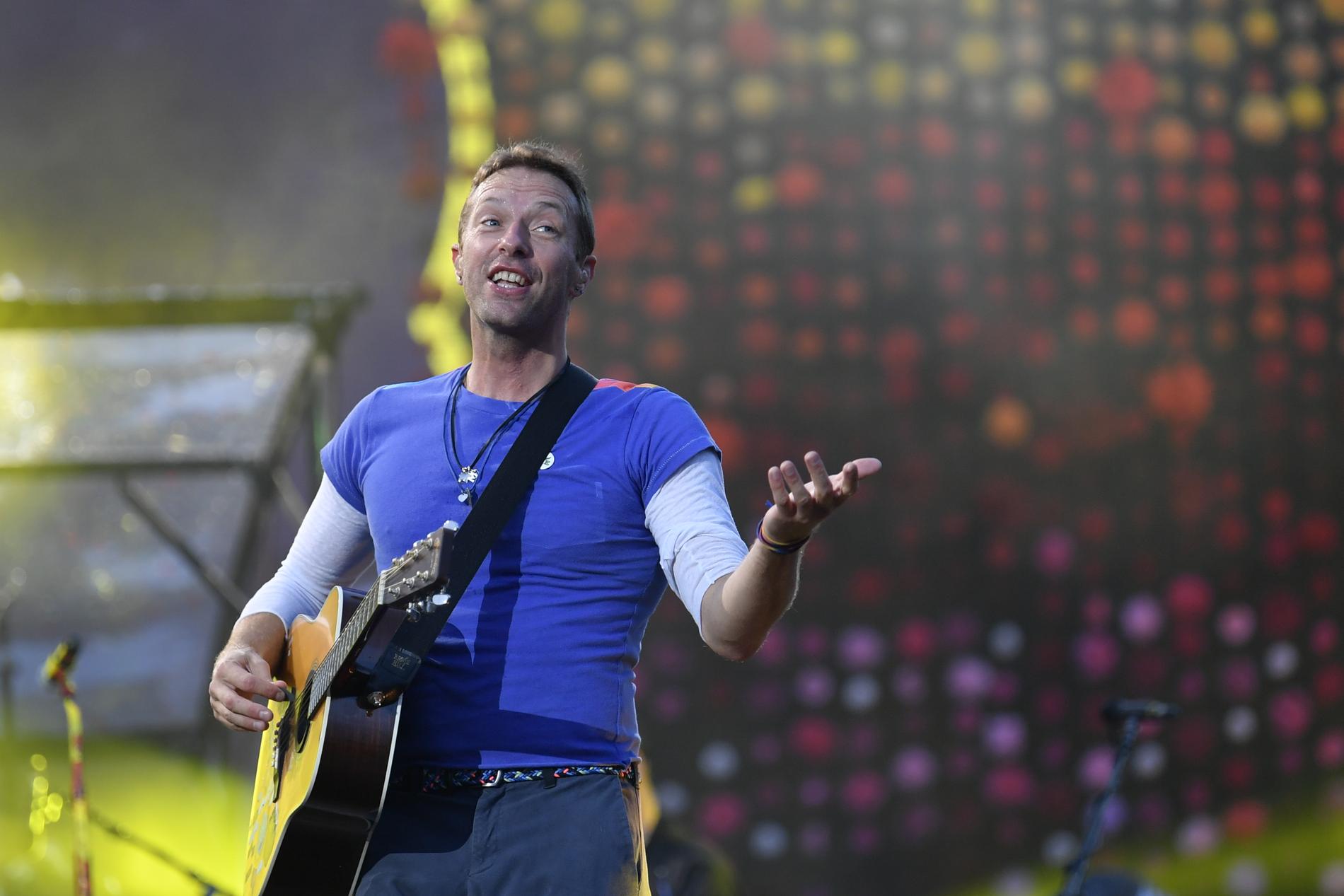 Coldplays sångare Chris Martin under en konsert på Ullevi i Göteborg 2017. Arkivbild.