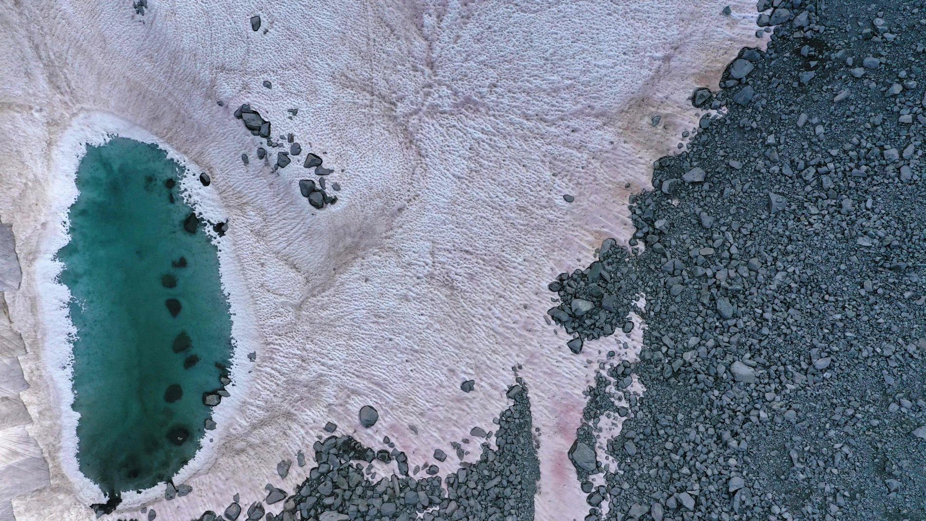 Bilder från lufen visar hur snön och isen är rosa vid Presenaglaciären. 