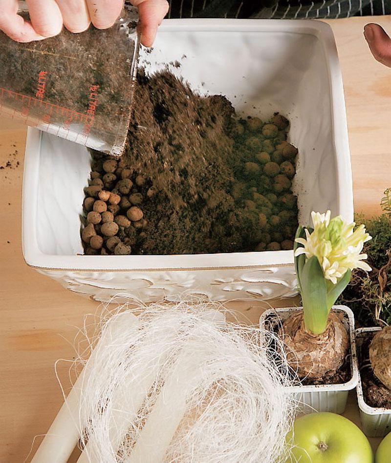 Gör så här: 1. Grunda krukan med ett lager lecakulor. Lägg jord på lecakulorna för att skapa stadga åt ljusmanschetterna.
