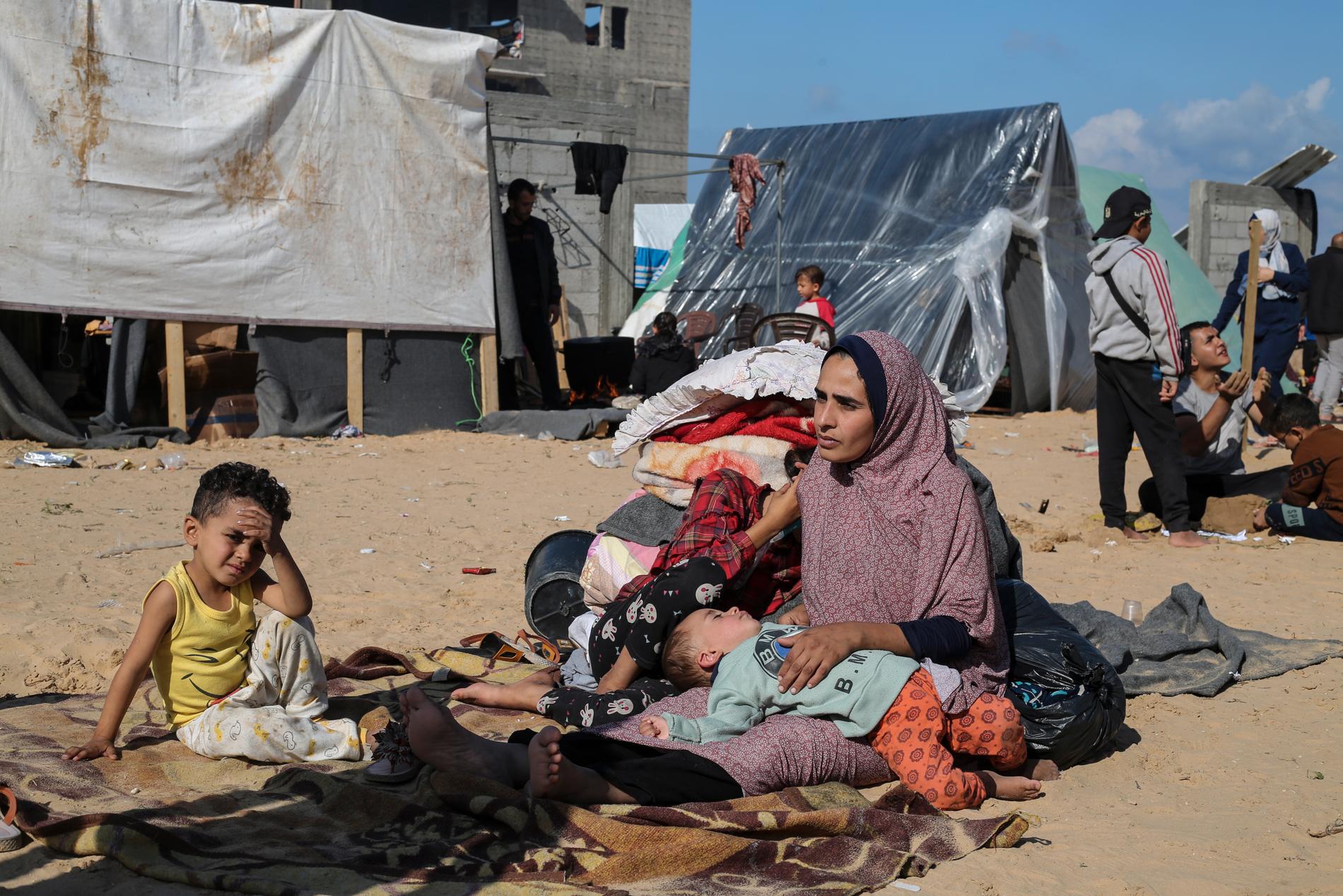 Palestinier i Rafah, på flykt undan den israeliska arméns attacker. Bilden är tagen i december 2023.
