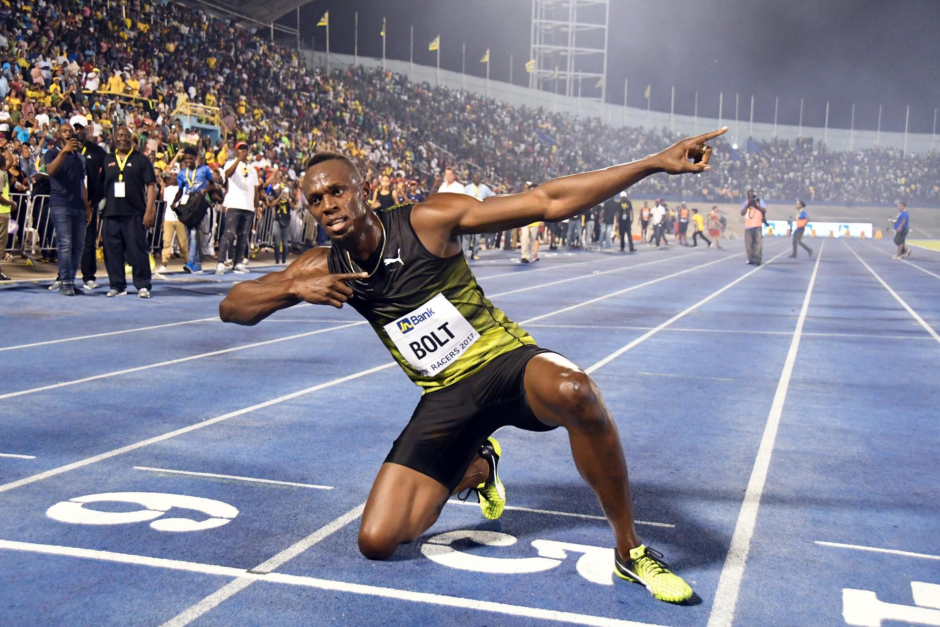 Usain Bolt efter sitt sista lopp på hemmaplan.