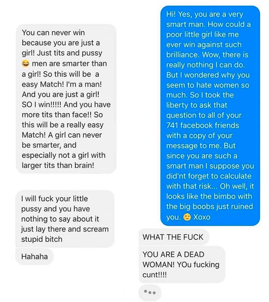 Hon visade upp för hans Facebookvänner vad han skrev. 