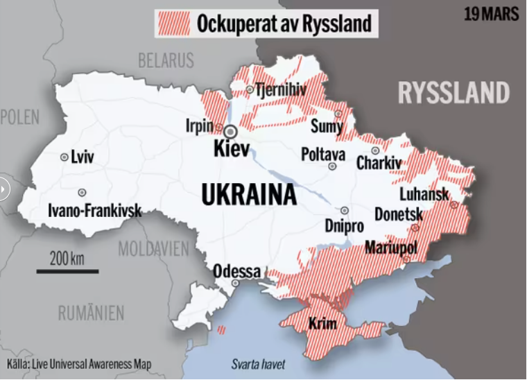 GRAFIK: De röda ytorna på kartan visar var rysk militär i dagsläget ockuperar Ukraina. Prickarna visar viktiga händelser. 
