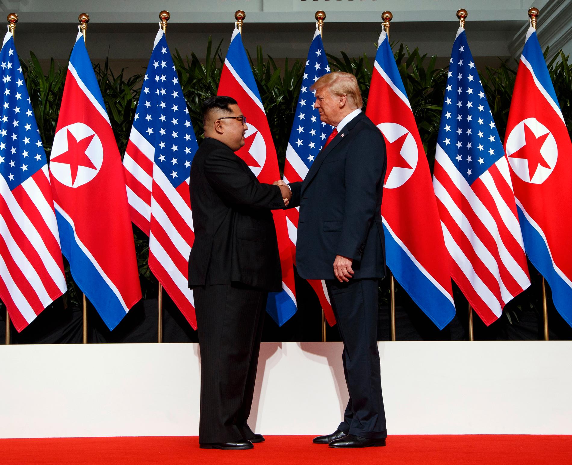 Nordkoreas Kim Jong-Un och USA:s president Donald Trump skakar hand för första gången vid toppmötet i Singapore.