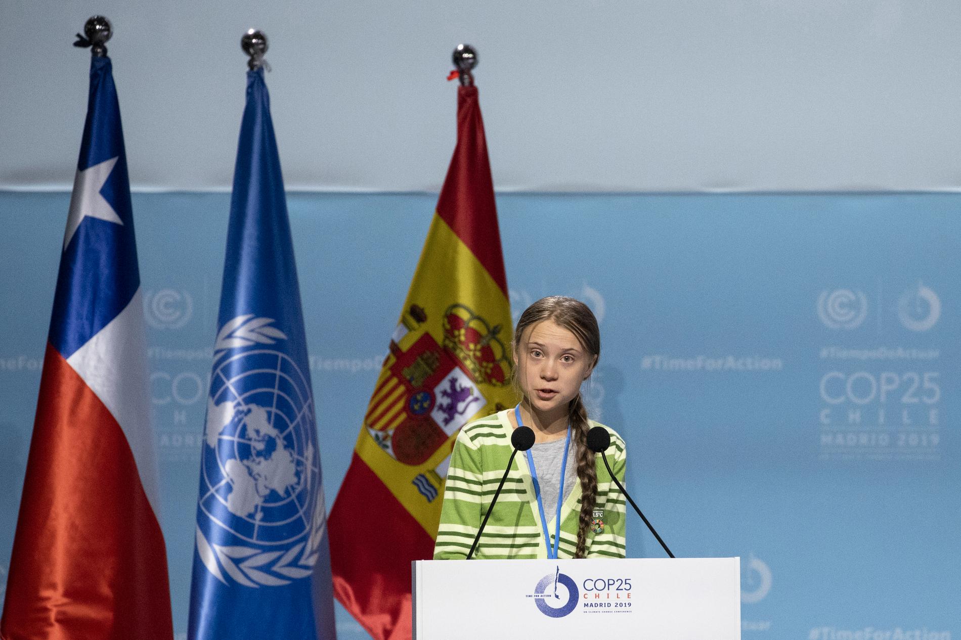 Klimataktivisten Greta Thunberg talade inför delegater vid FN:s klimatmöte COP25 i Madrid på onsdagsförmiddagen.