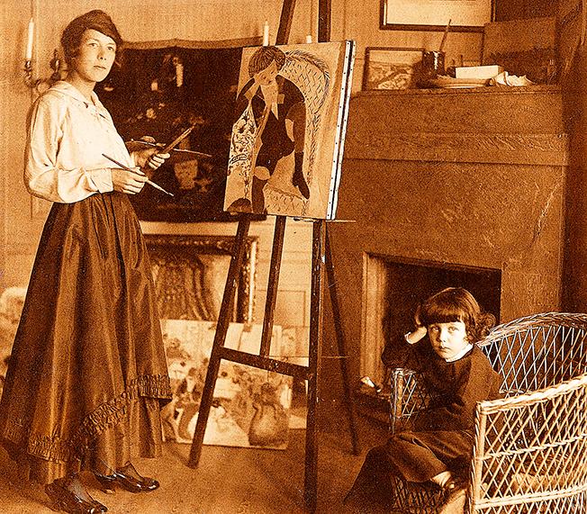 Sigrid Hjertén i arbete med ett porträtt av sonen iván 1916.