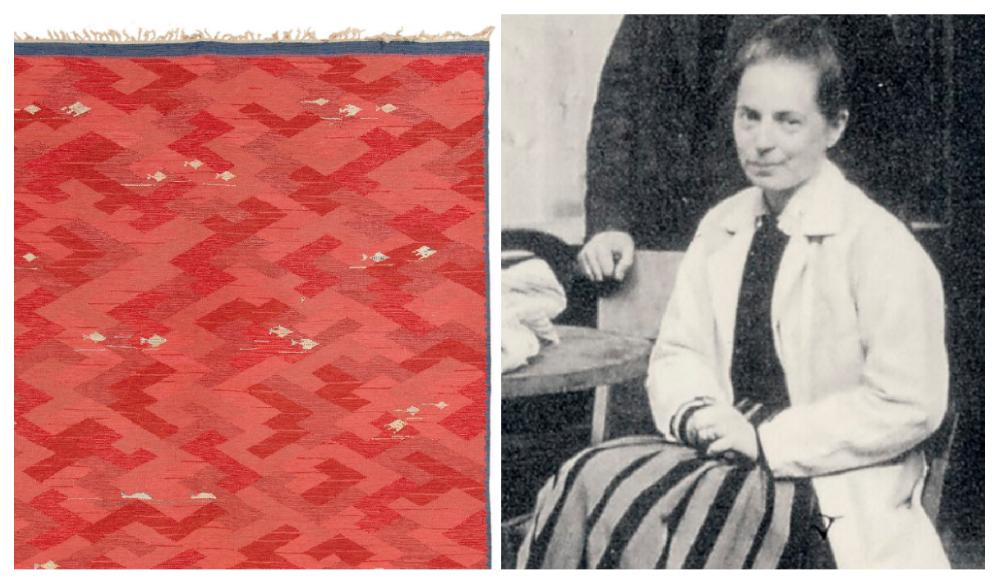 Elsa Gullberg under arbetet med en utställning 1917. Till vänster mattan ”Fiskar” av Elsa Gullberg.