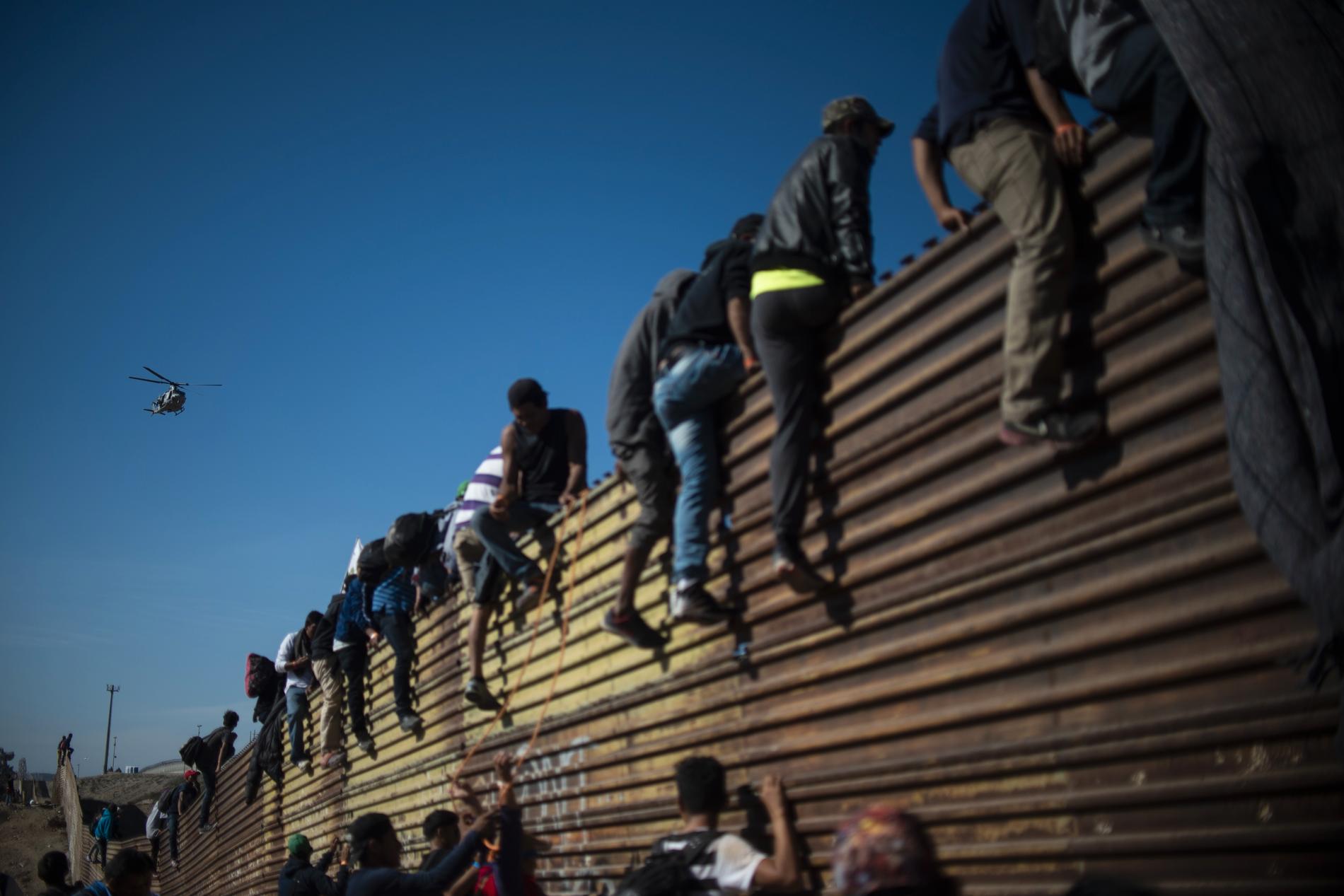 Migranter från centralamerika klättrar över ett staket nära gränsövergången El Chaparral i Tijuana. 