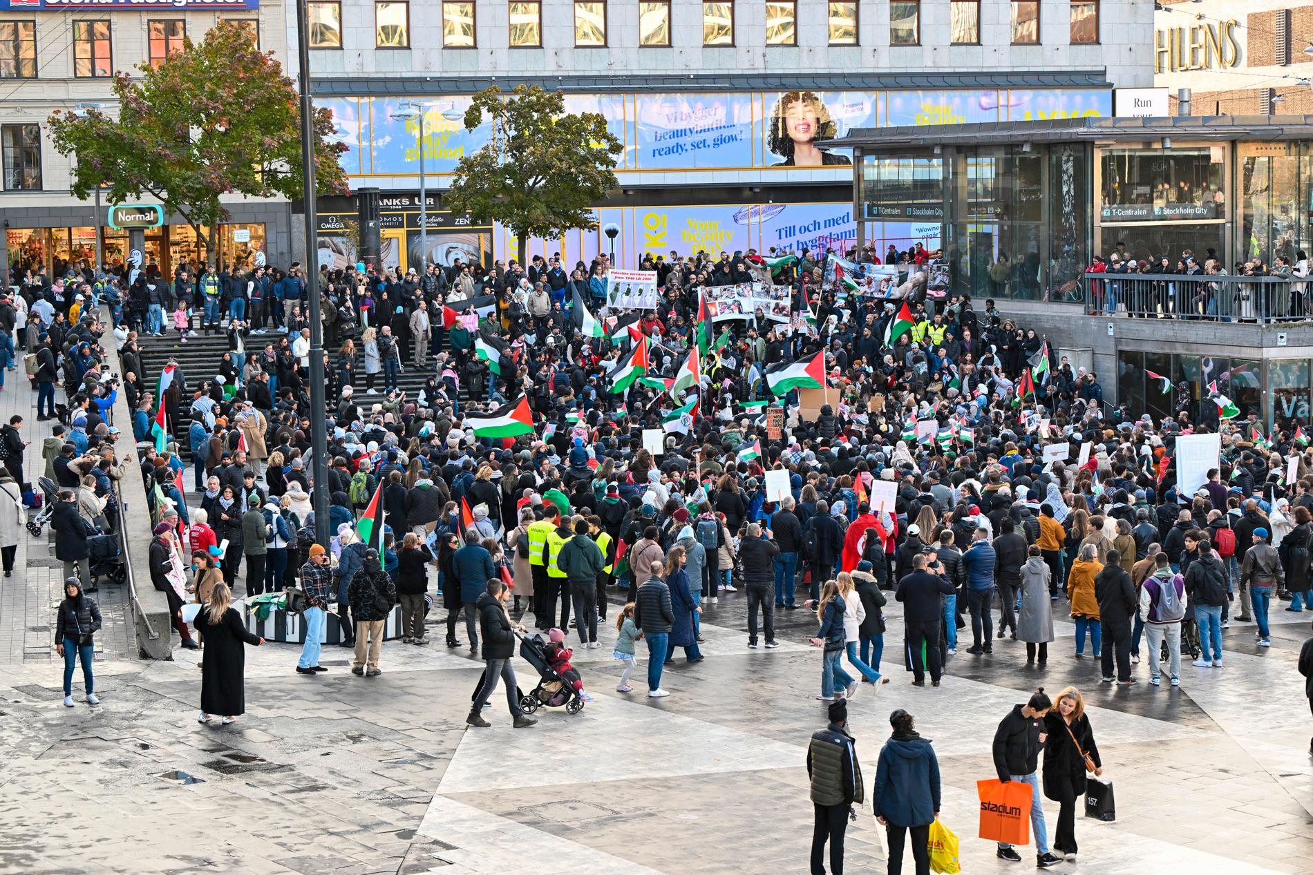 Från demonstrationen den 14 oktober i Stockholm till stöd för Palestina.
