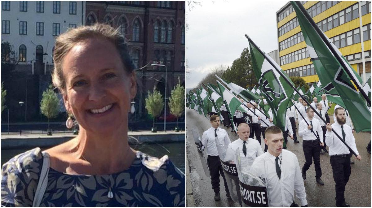 Till vänster: Malena Liedholm Ndounou
Till höger: Nazistiska Nordiska motståndsrörelsens demonstration i Borlänge på första maj i år.