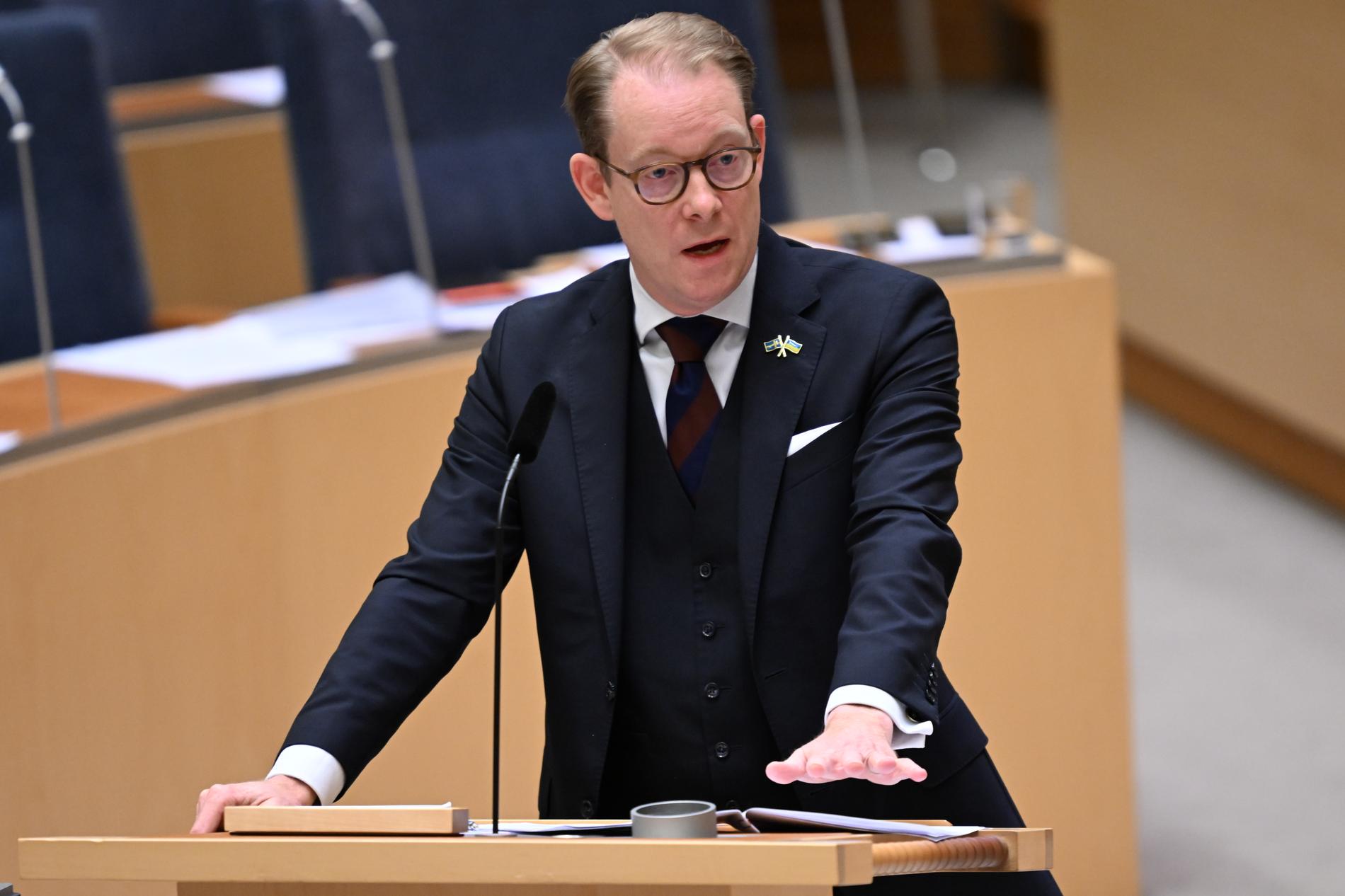 Sveriges utrikesminister Tobias Billström (M) under fredagens särskilda riksdagsdebatt om Mellanösternkonflikten.