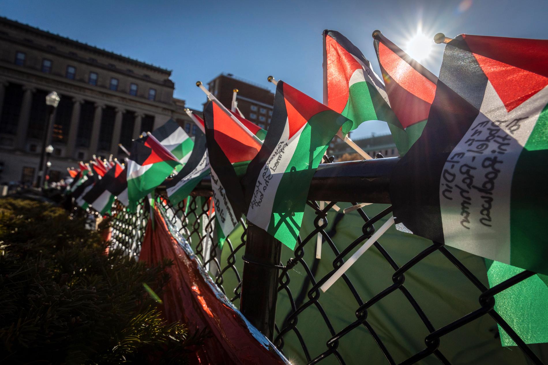 Palestinska flaggor vid det solidaritetsläger för Gazas palestinier som rests på Columbia University i New York i USA.