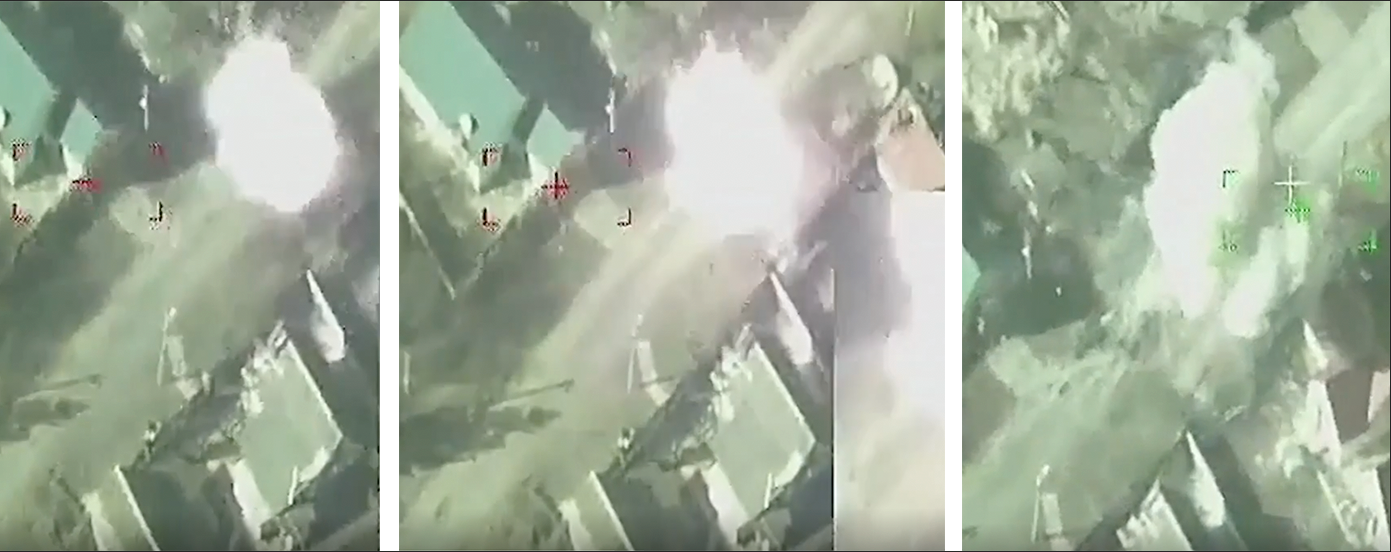 På de ryska militärfilmerna syns hur man bombar mål på marken i Ukraina. som sägs visa hur ryska stridsplan skjuter hypersoniska missiler mot mål på marken. 