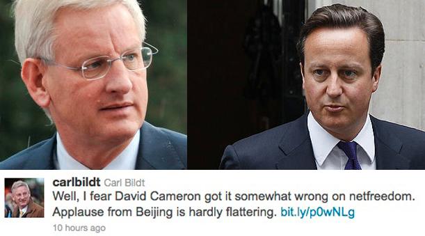 Så skrev Carl Bildt (vänster) om David Cameron (höger).