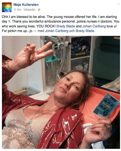 På Facebook tackar Meja ambulans, polis, läkare och sjuksköterskor som räddat henne.