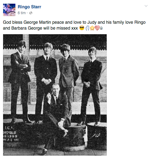 ”Gud välsigne George Martin. Frid och kärlek till Judy och hans familj. Kärlek från Ringo och Barbara. George kommer bli saknad. xxx" skriver ”The Beatles”-trummisen på Twitter.