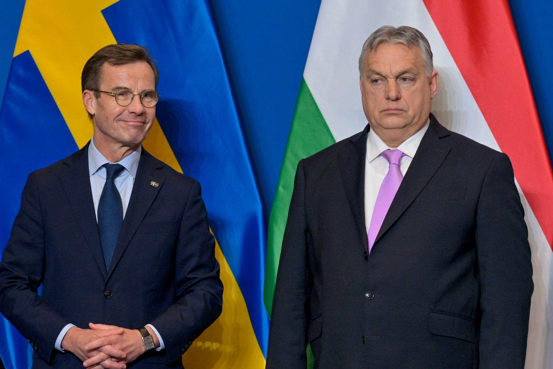 Statsminister Ulf Kristersson (M) tillsammans med Ungerns premiärminister Viktor Orbán under fredagens besök i Budapest.