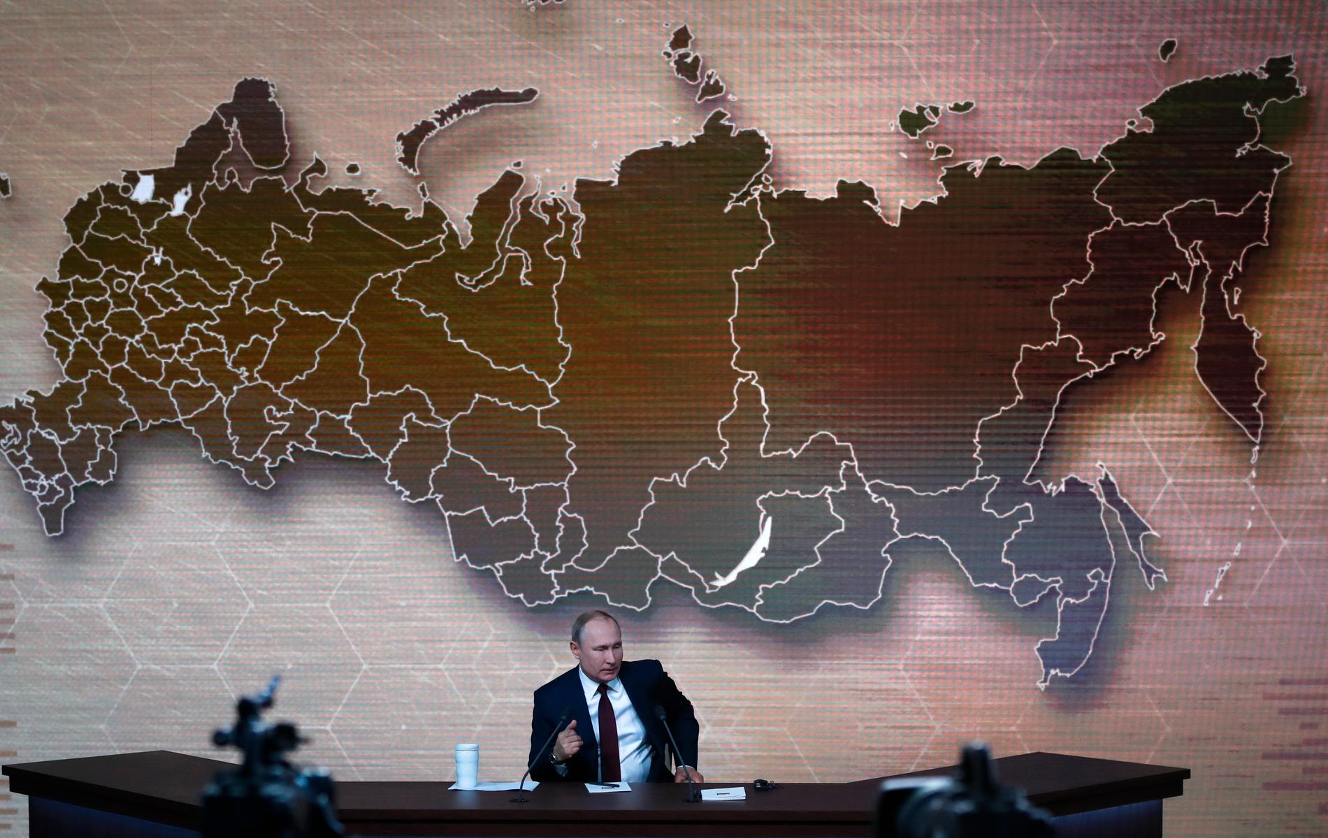 Rysslands president Vladimir Putin under sin årliga stora presskonferens i huvudstaden Moskva.