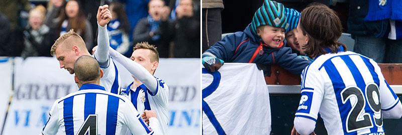 Sebastian Eriksson firade sitt mål med fansen - och Lasse Vibe firade 4-0 med sina söner på läktaren.