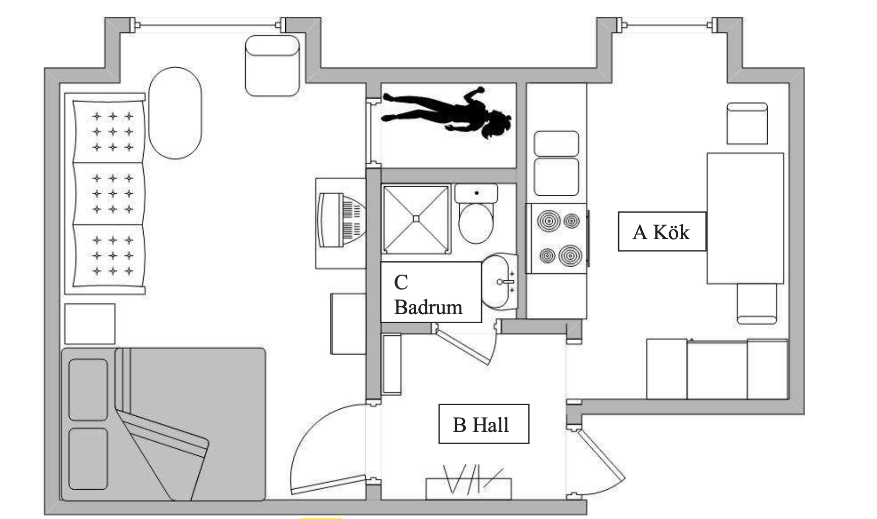 En schematisk skiss över lägenheten och var Nancy anträffades avliden.