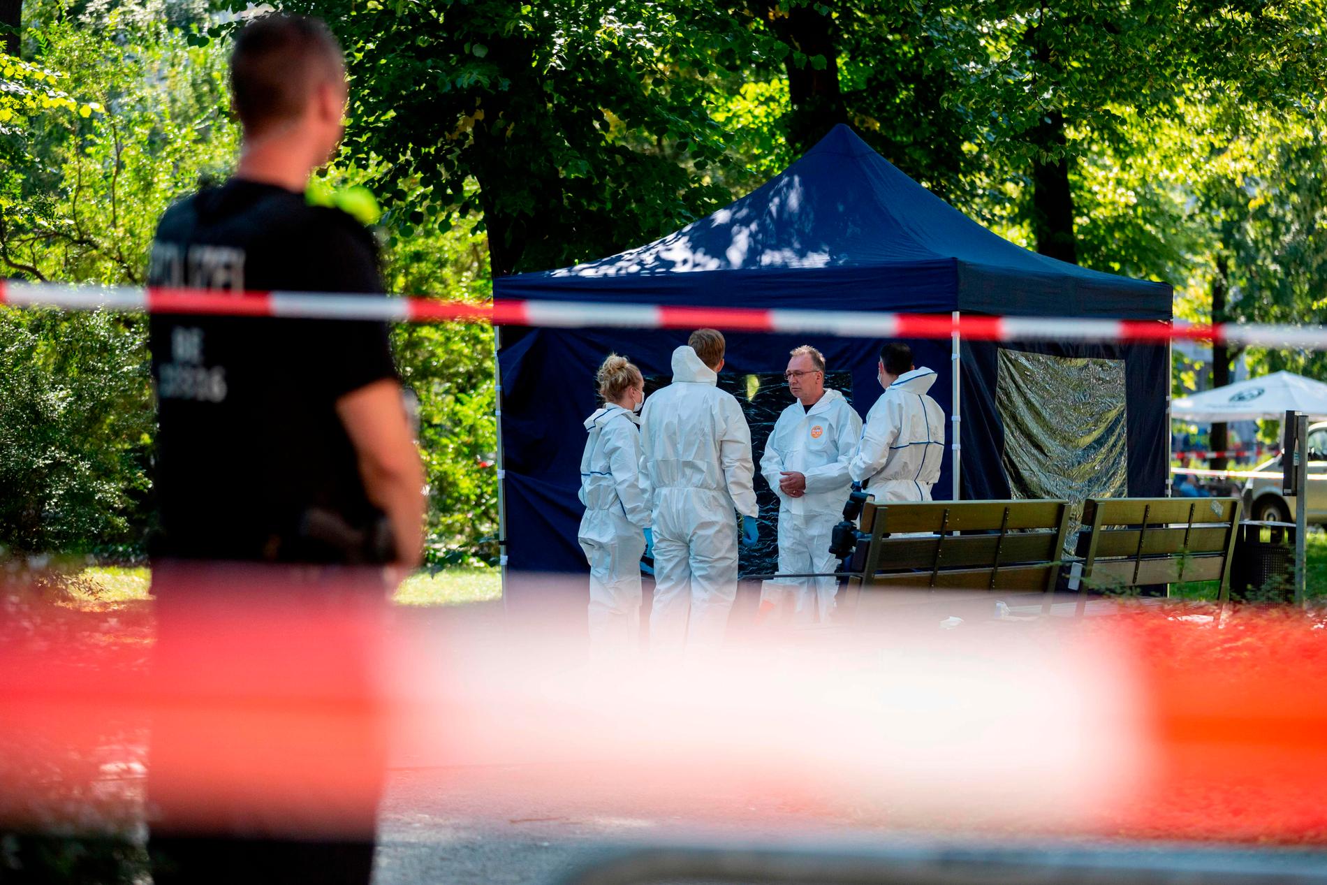 Polisens tekniker vid parken där en georgisk man sköts till döds i somras.
