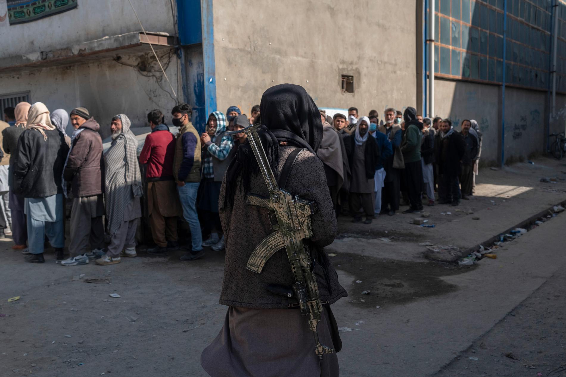 En taliban övervakar en köbildning i Afghanistans huvudstad Kabul i november.