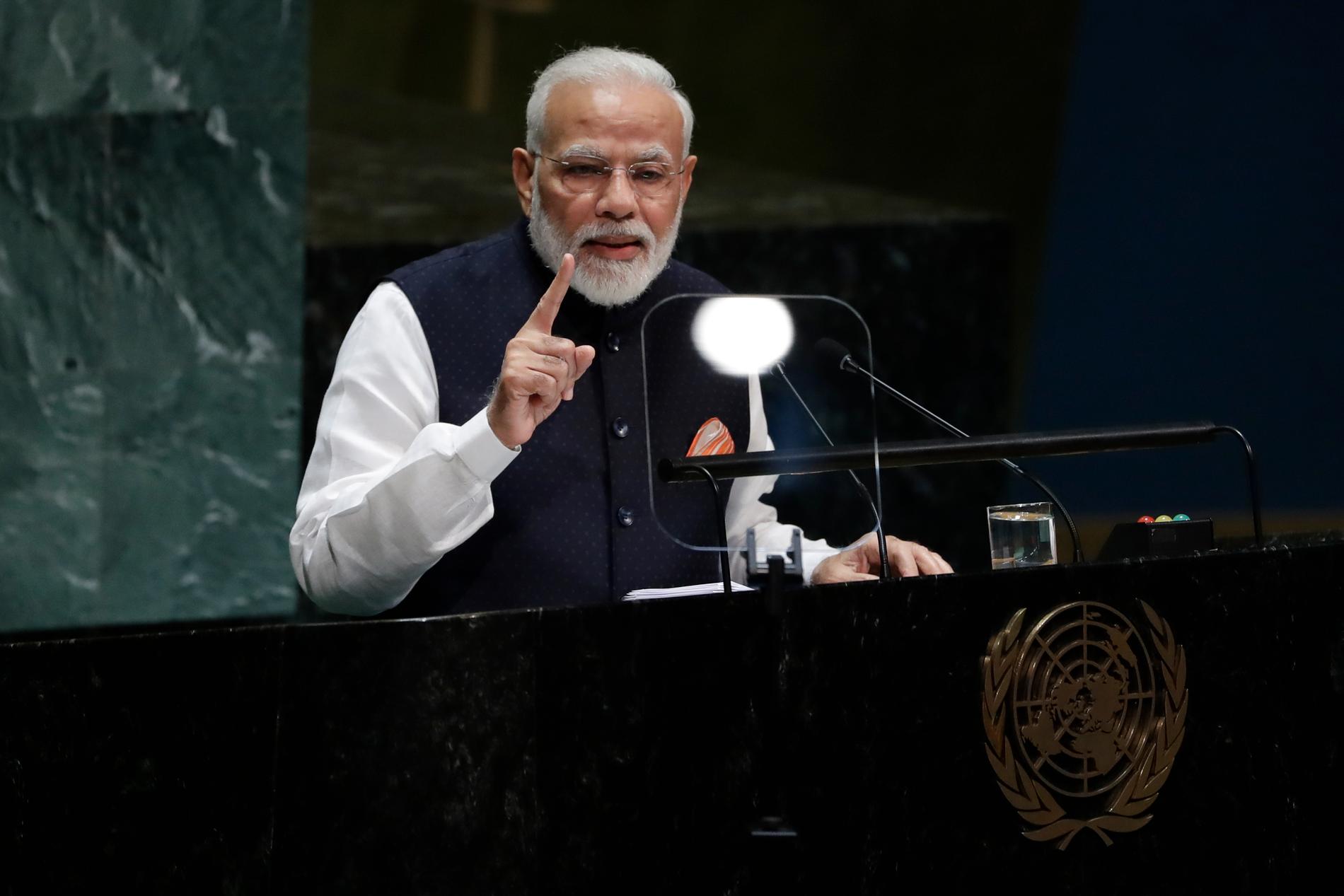 Indiens premiärminister Narendra Modi under sitt tal i FN:s generalförsamling i fredags.