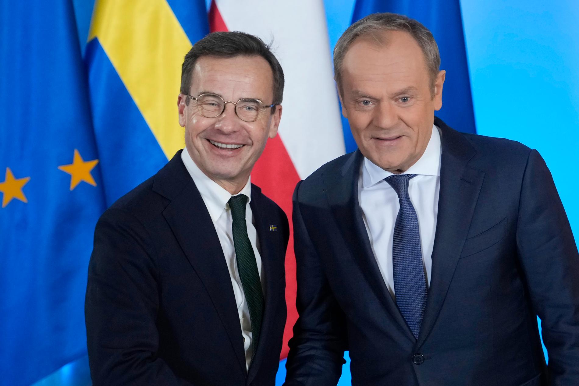 Statsminister Ulf Kristersson (M) och Polens premiärminister Donald Tusk i Warszawa.