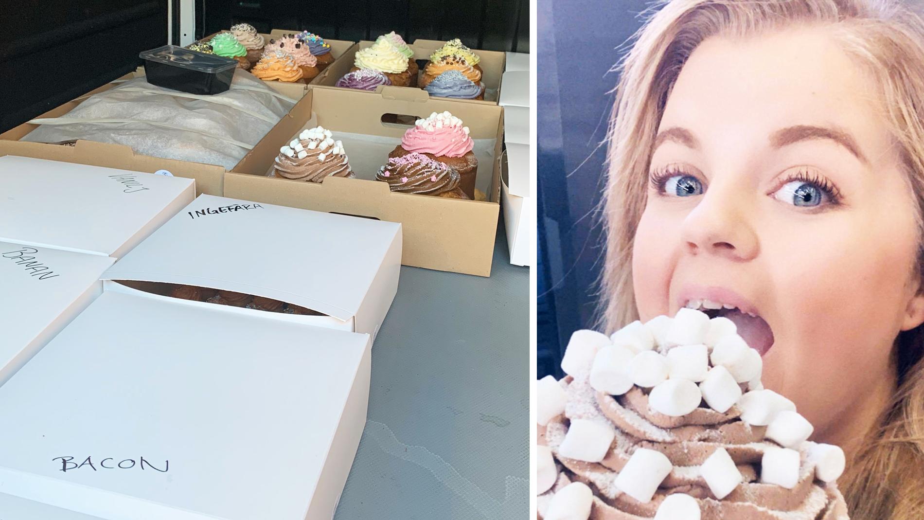 Elin Sälling med alla cupcakes som levererades till TV4 i samband med inspelningen i oktober.