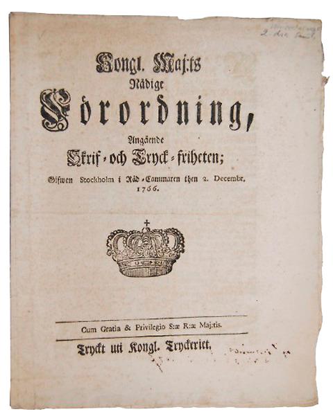 Tryckfrihetsförordningen från 1766.