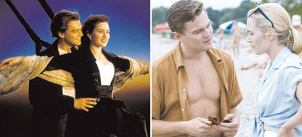Leonardo DiCaprio och Kate Winslet i den klassiska scenen i fören på "Titanic" – och i "Revolutionary Road" som har svensk permiär 30 januari 2009.