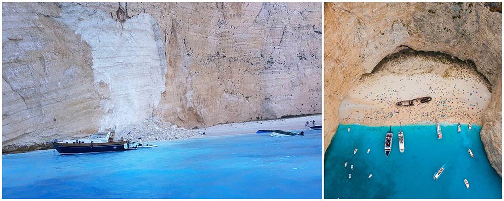 Den första bilden visar stenraset och den andra hur stranden såg ut innan jordbävningen. Shipwreck Beach på Zakynthos farlig för besökare.
