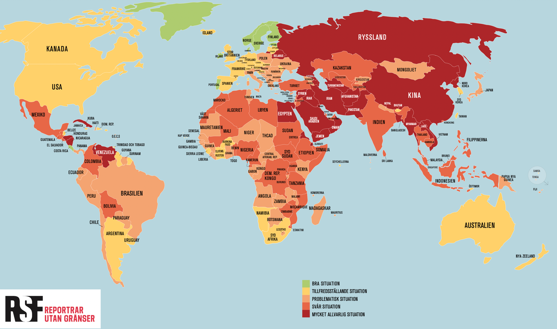 Kartan visar situationen för journalister världen över, enligt organisationen Reportrar utan gränsers senaste pressfrihetsindex.