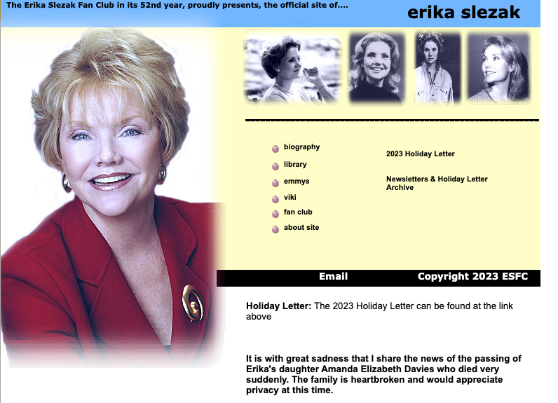 Meddelandet på Erika Slezaks hemsida.